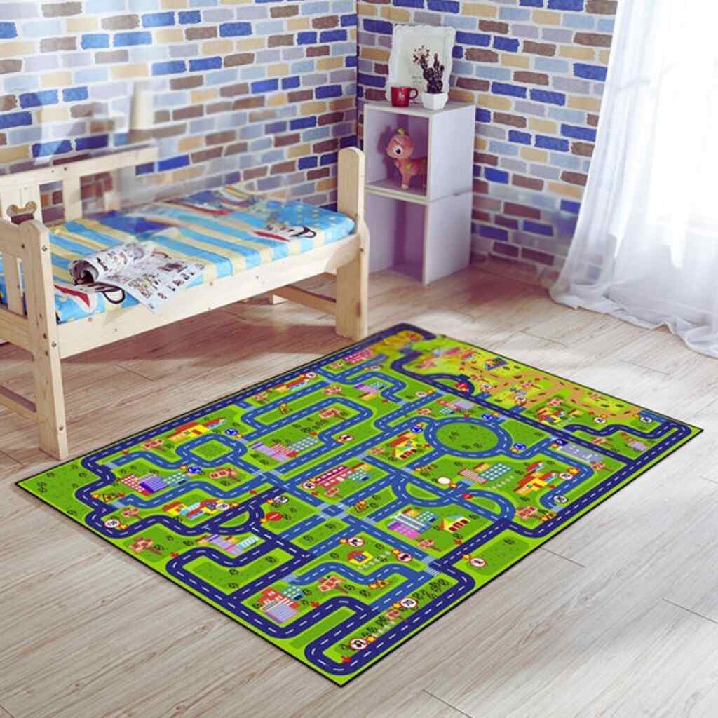 Carpet depicting a city map with streets and buildings.