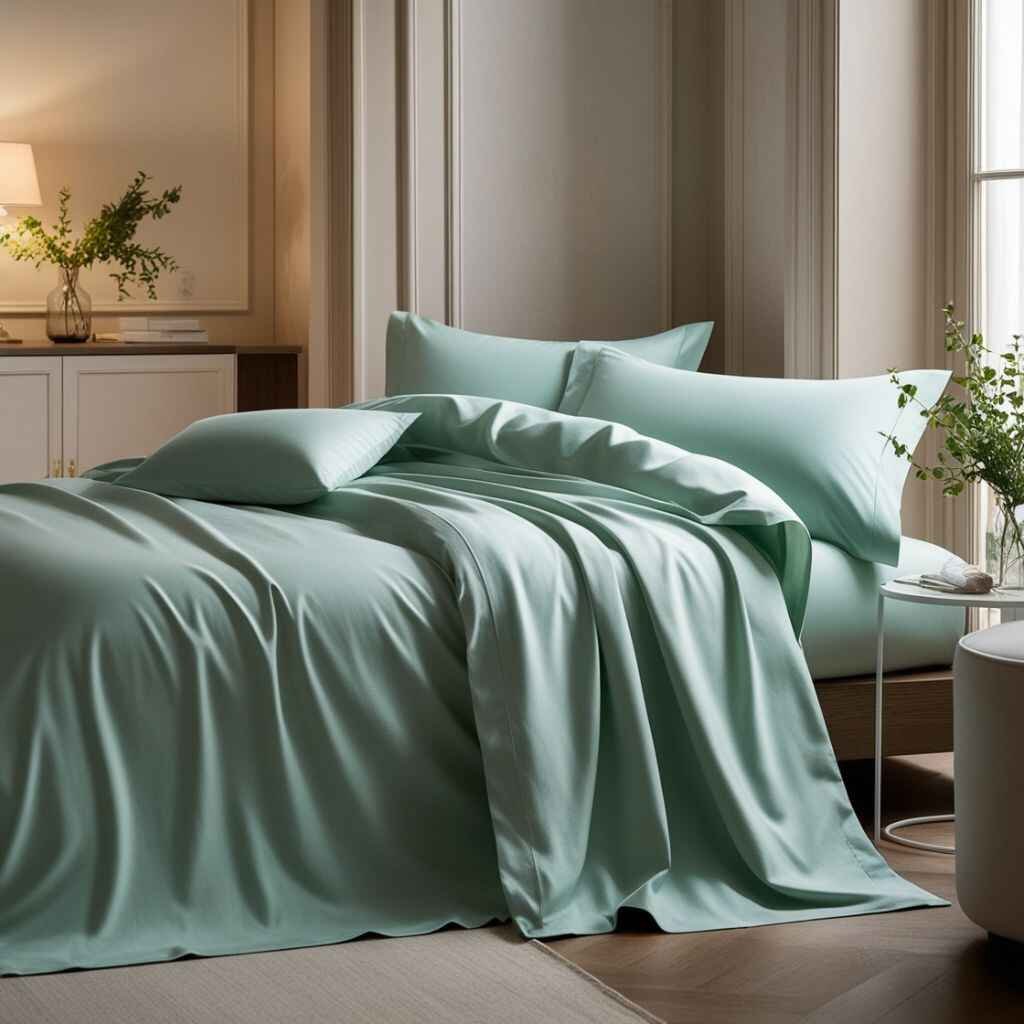 "Mint green colored bedsheets designed with a contemporary room."