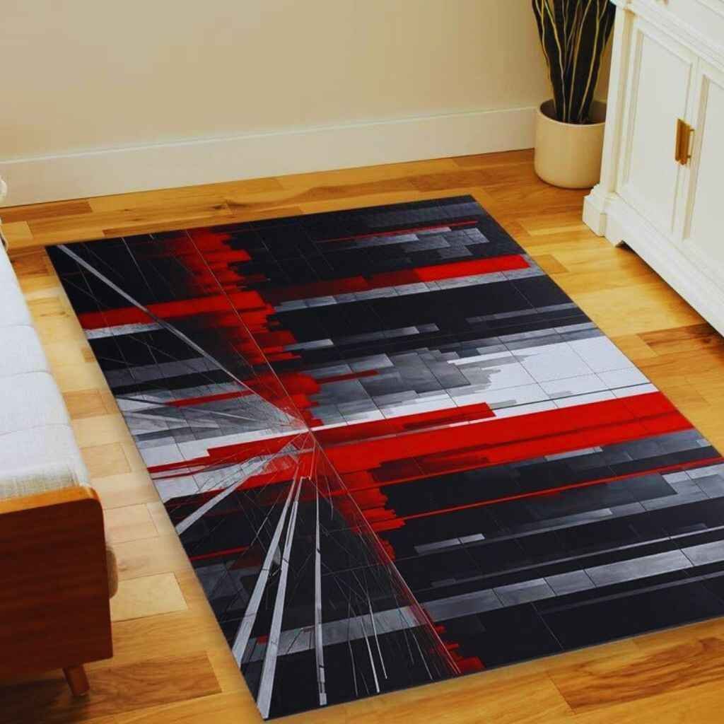 Monochrome carpet with minimalist city skyline design.