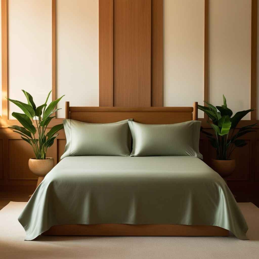 "Green bedsheets in dull blue-beige colors."