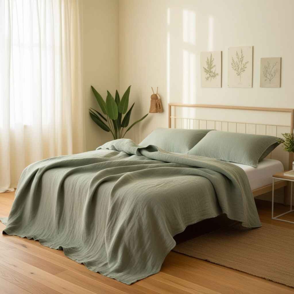 "Sage green bedsheets in a minimalistic bedroom."