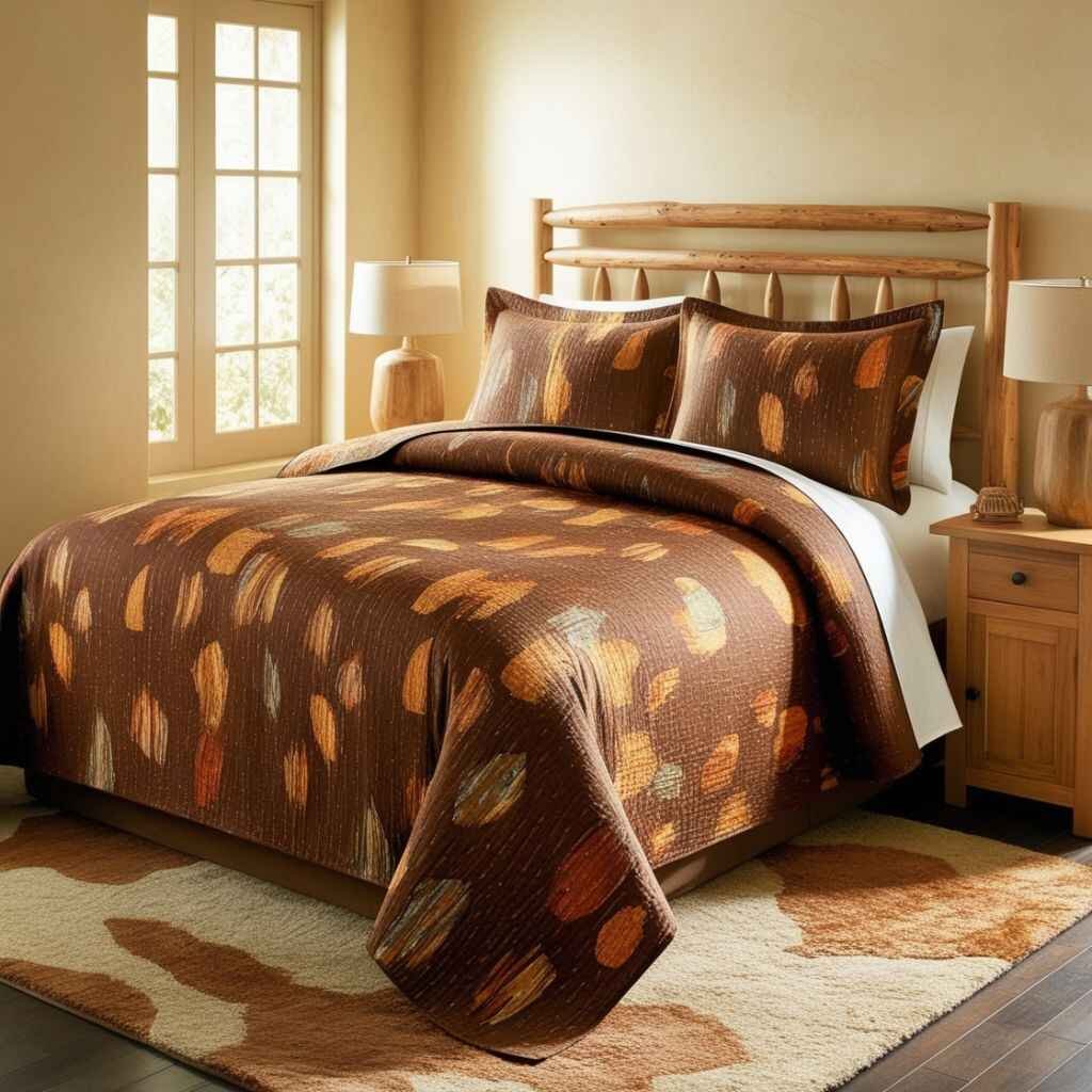 Simplistic room with geometric brown sheets.