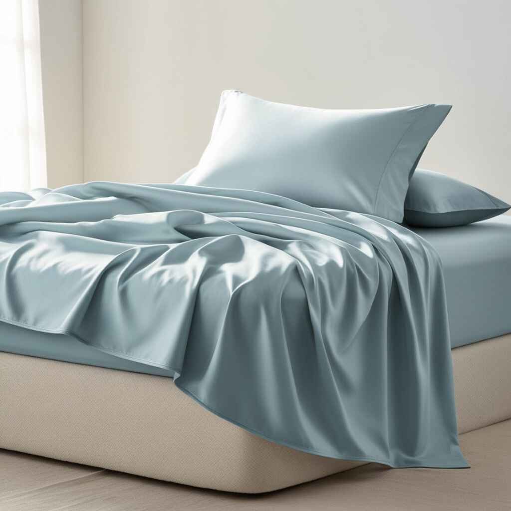 Wrinkle-resistant polyester blend Percale Bedsheets on a bed.