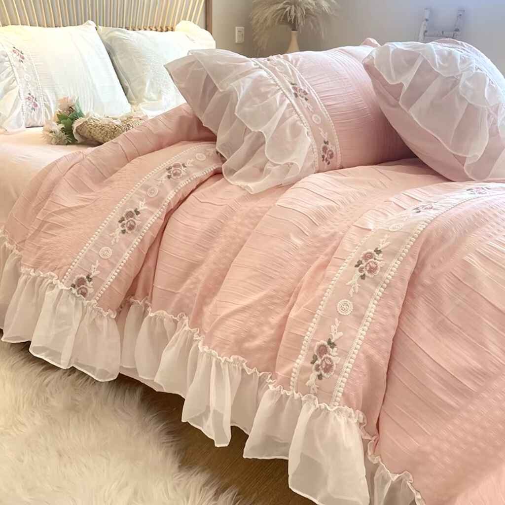 This soft pink and lavender pastel princess bedsheet is more tranquil-looking.