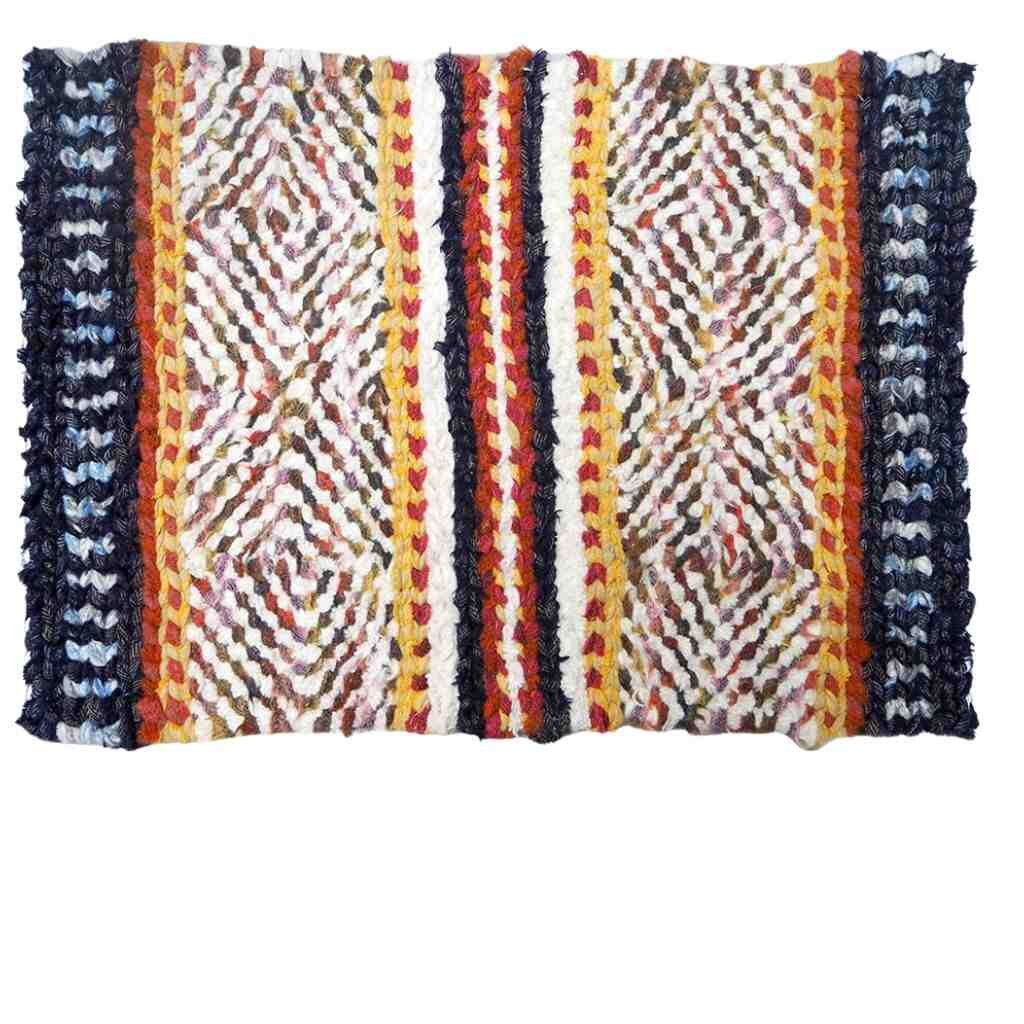 Twined rag rugs with colorful patterns and strong texture.