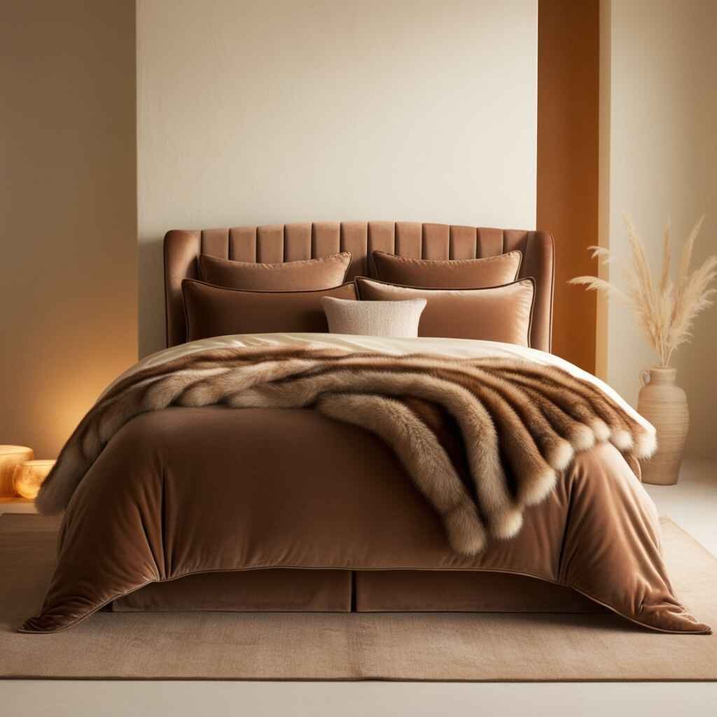 Mink brown bed sheets and faux fur blankets.