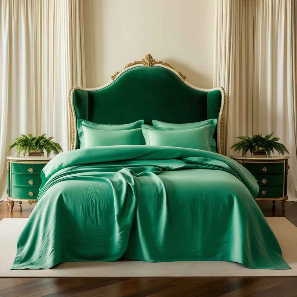 "Emerald green bedsheets embellished with golden hues."