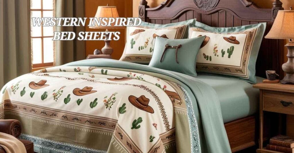 A beautifully styled bedroom with rustic Western bed sheets.