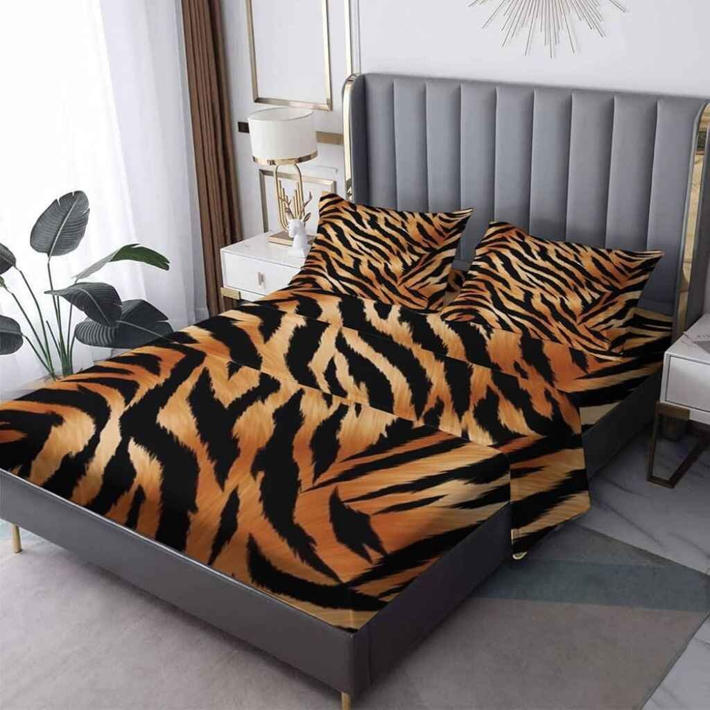 Exotic tiger-striped sheets for a bold bedroom look.