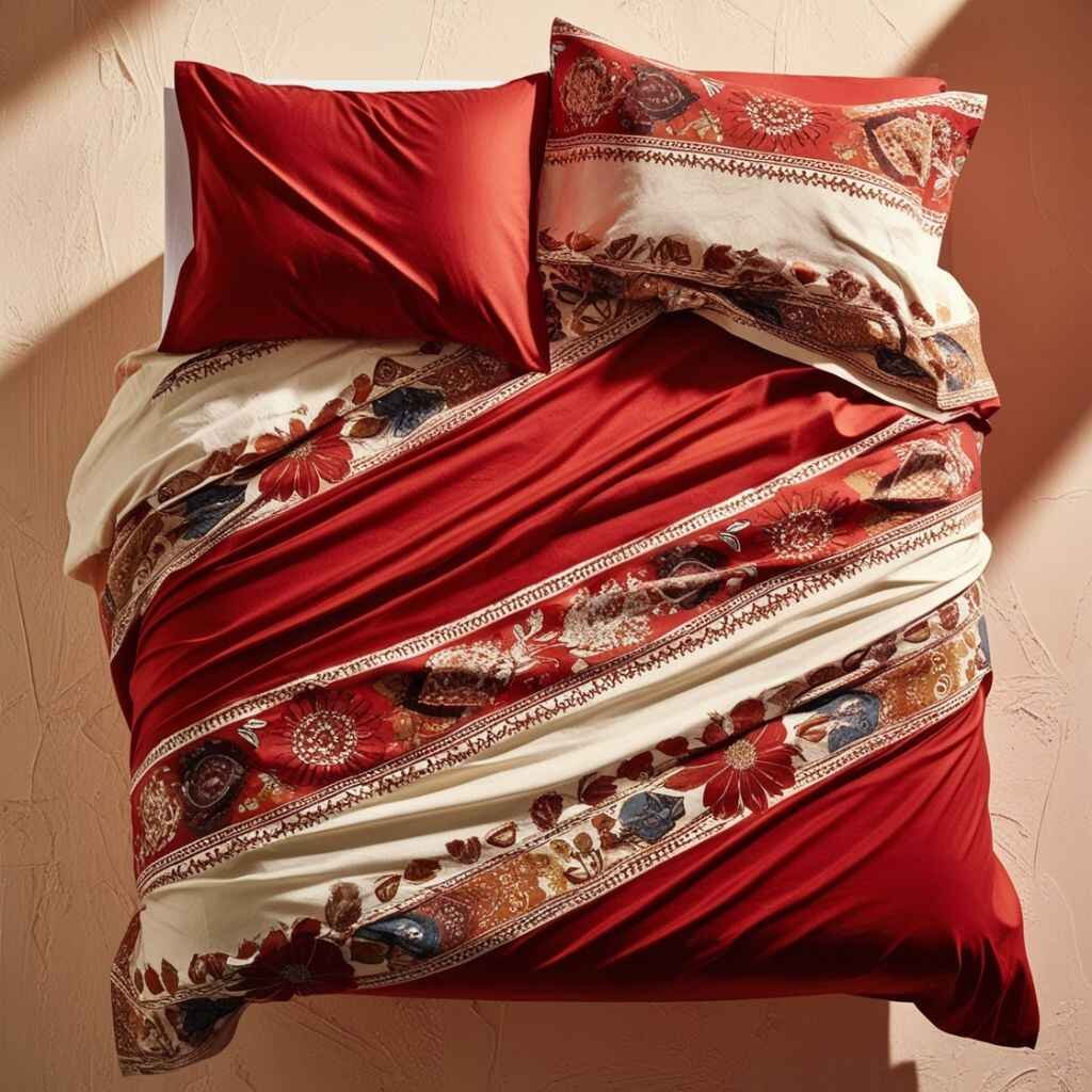 Red bed sheets with earth-toned pillows in a boho style.