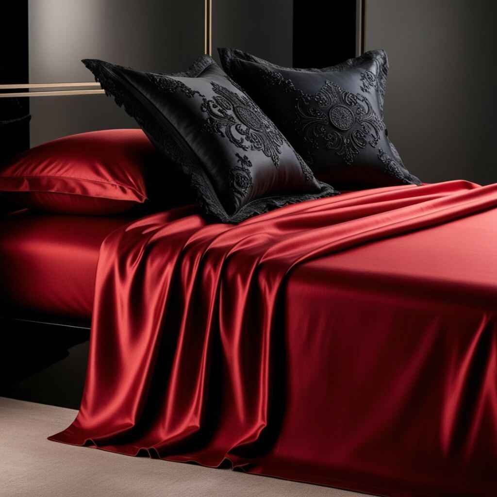 Red bed sheets with black pillows and dark decor for drama.