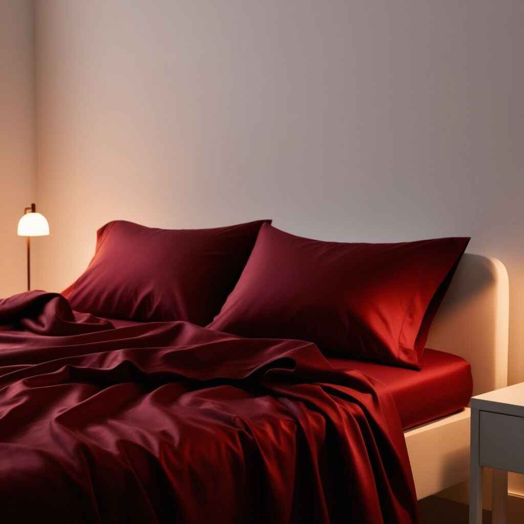 Deep red sheets with beige and gray minimalist decor.