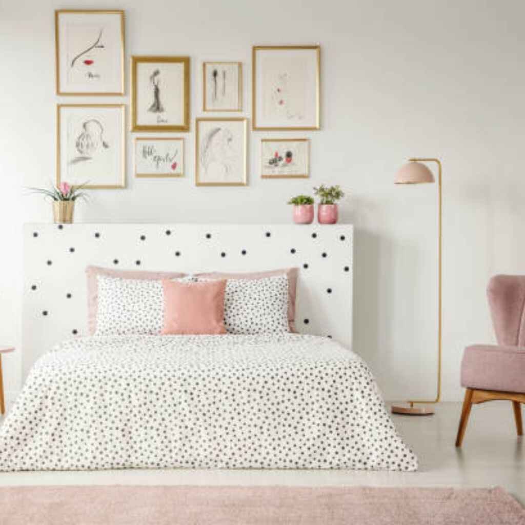 Playful polka dot sheets adding fun to bedroom decor.