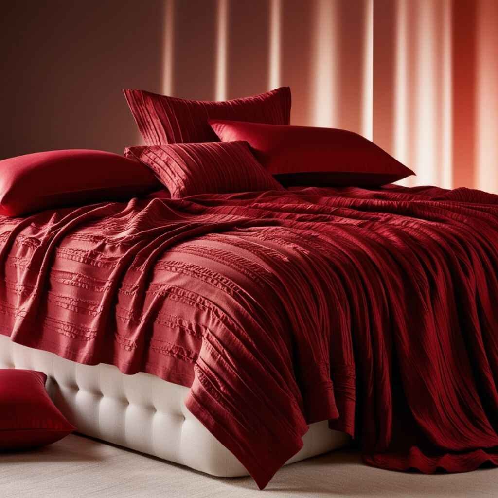Textured red bedding with knit throw and velvet cushions.