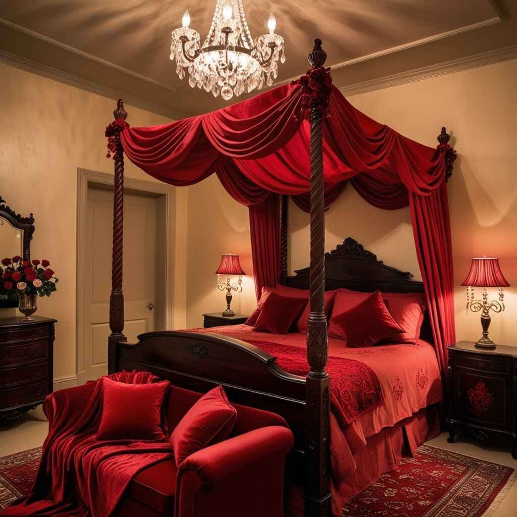 Red bed sheets with soft lighting and floral accents for romance.