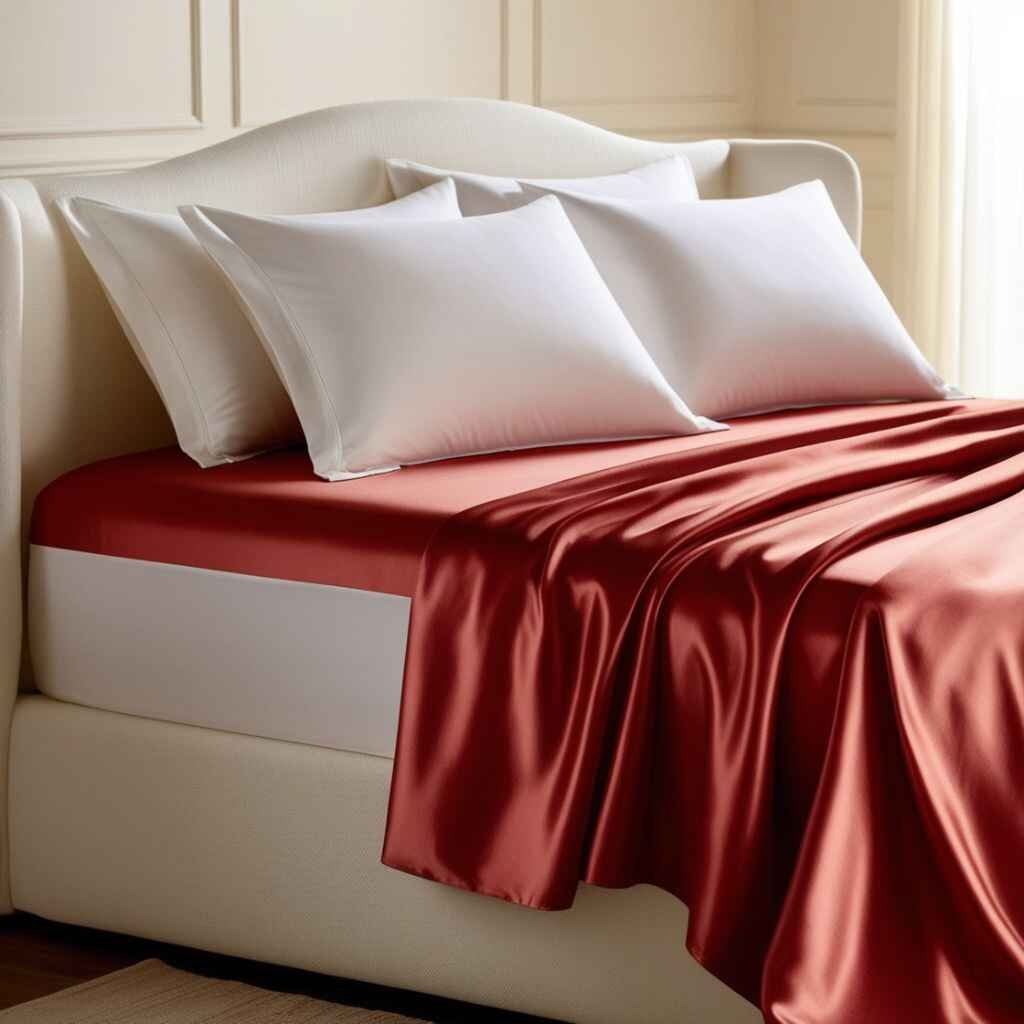 Red bedding with white pillows and comforter for a fresh look.