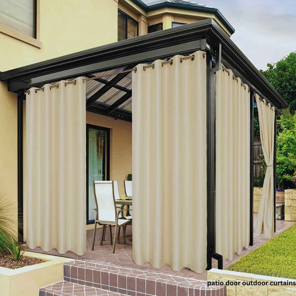 Weather-resistant white curtains framing a patio door.