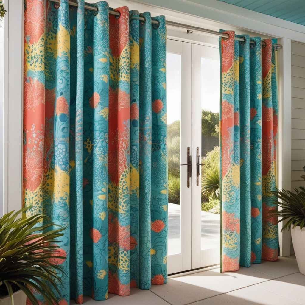 Vibrant geometric-patterned curtains on patio doors.