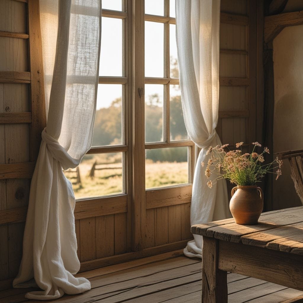 Linen curtains in a rustic farmhouse room.