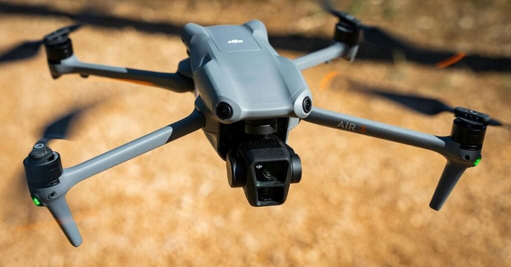 DJI Air 3 drone flying with high-resolution camera for precision agriculture monitoring