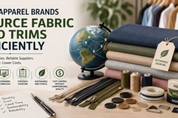 Apparel fabric and trims sourcing concept with textiles, zippers, buttons, and global supply chain visuals.