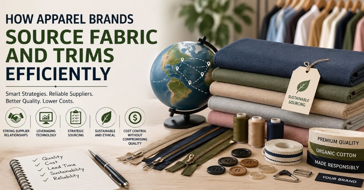 Apparel fabric and trims sourcing concept with textiles, zippers, buttons, and global supply chain visuals.
