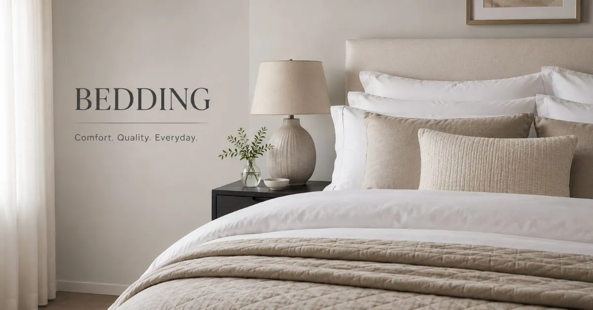 Modern bedroom with soft neutral bedding and layered pillows in a minimalist setting