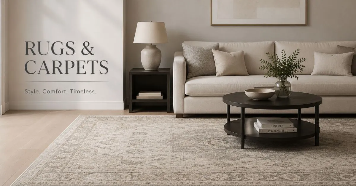 Modern living room featuring a large patterned rug with elegant minimalist furniture