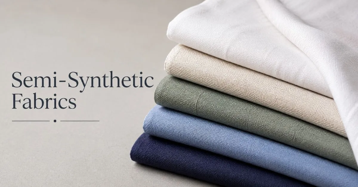 Folded semi-synthetic fabric textiles with clean minimalist “Semi-Synthetic Fabrics” text on a neutral background