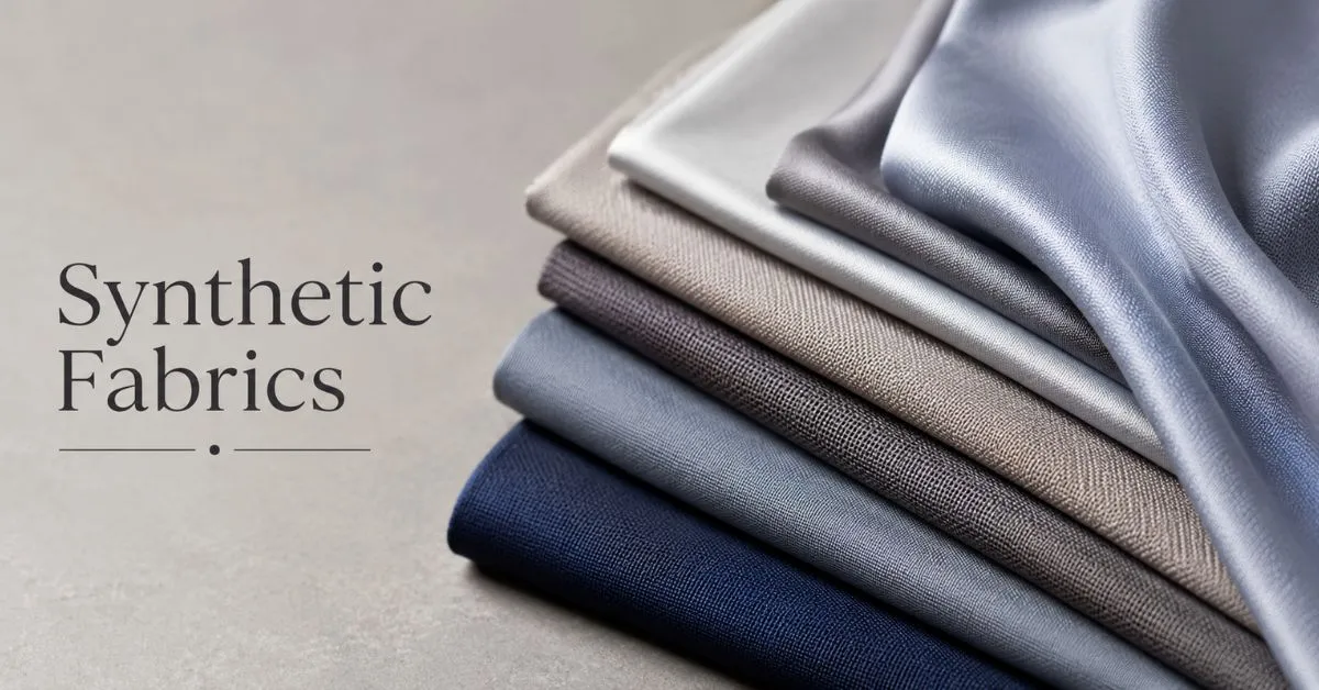 Modern stack of synthetic fabric materials in cool tones with minimalist “Synthetic Fabrics” typography