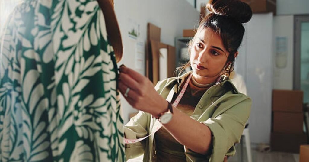 Fashion designer examining fabric quality on a garment in a studio
