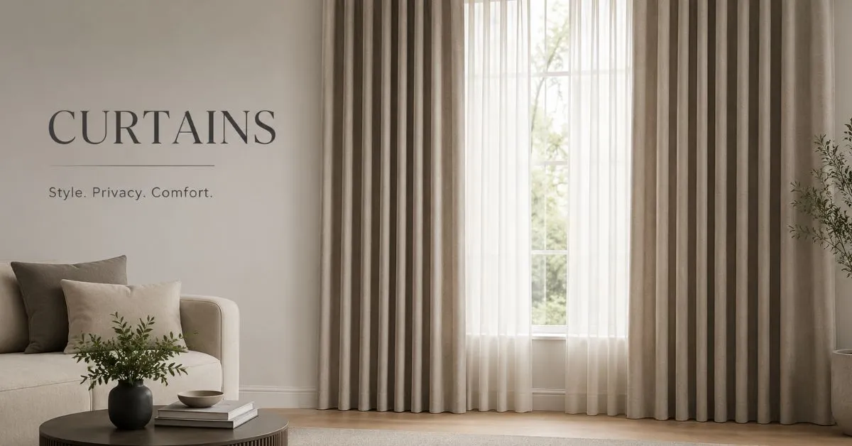 Modern living room with elegant neutral curtains and minimalist interior decor.